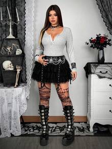 Whyspr Fall Autumn And Winter  Grunge Punk Plus Size Solid V-Neck Casual Slim Sexy Half-Open Collar Long Sleeve T-Shirt - Grey - View 5