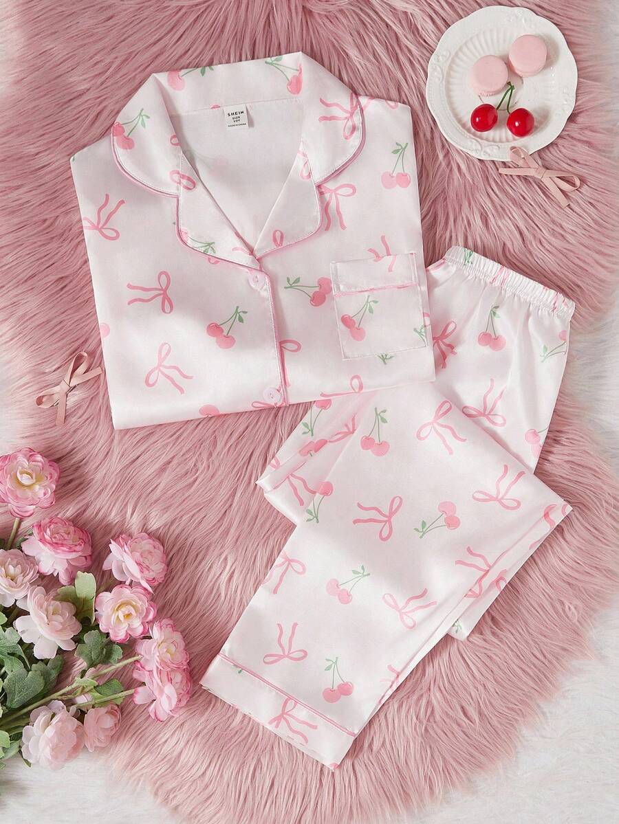 2pcs Tween Girls Cute Bow Print Lapel Cardigan & Casual Pants Set, Comfortable Sleepwear,Summer,Travel - Pink - View 1