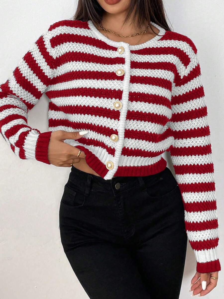 SHEIN PETITE Fashionable Casual Versatile Striped Textured Women Cardigan Sweater - Red and White - View 1
