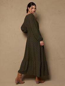 Freevana Plus Size Women Casual Crew Neck Lantern Sleeve Ruffle Hem Dress Autumn Vintage Style Peasant Western Boho Clothing Western/Winter - Army Green - View 6