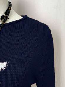 EgrlEra Women's Casual Pentagram Pattern Round Neck Long Sleeve Sweater, Autumn/Winter - Navy Blue - View 3