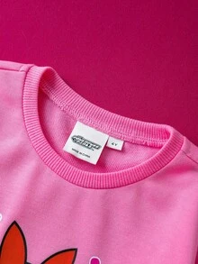 THE POWERPUFF GIRLS X SHEIN 2pcs/Set Young Girl Cute Cartoon Pattern Round Neck Drop Shoulder Long Sleeve Pink Sweatshirt And Black Flared Knit Casual Pants, Daily Wear - Pink - View 4