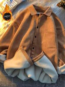 Franclia 加厚保暖内衬，韩版宽松版型，时尚青春，百搭卡其色灯芯绒撞色保暖内衬长袖翻领纽扣设计，单口袋，秋冬女式衬衫/外套。 - 卡其色 - 查看 3