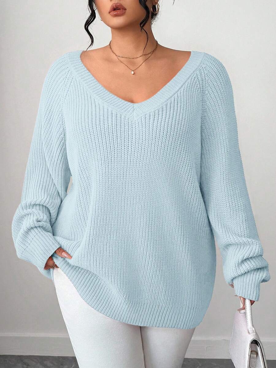 SHEIN Tall CURVE Plus Size Casual V-Neck Raglan Long Sleeve Pullover Sweater - Baby Blue - View 1