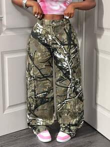 Slaydiva Women's Straight Leg Jeans, Loose Camouflage Straight Leg Trousers, Cargo Bag Trousers, Street Style, Everyday Wear, Y2K Trousers Babyphat Women Overalls Low Rise Jeans - Multicolor - View 6