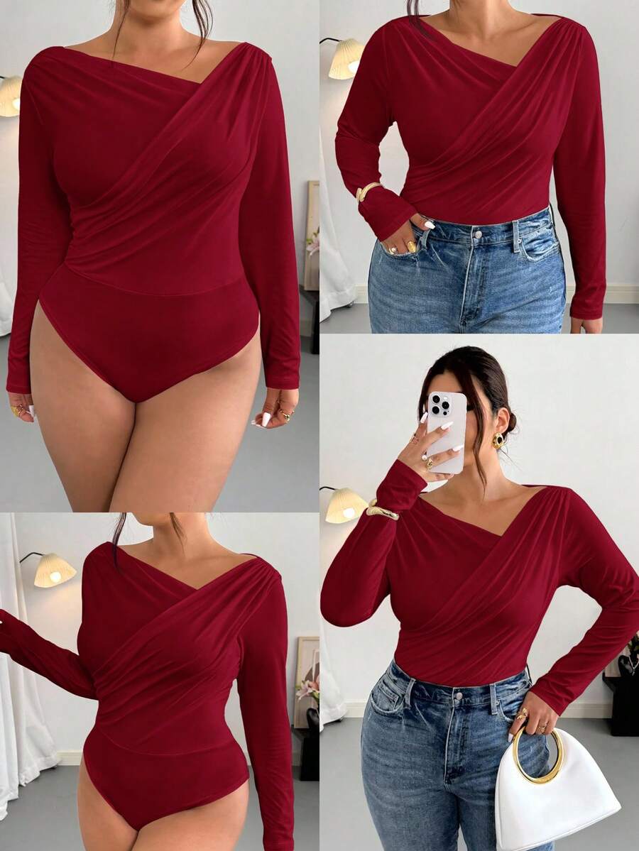 Firerie Tuta elegante e minimalista di moda sexy per taglie forti, adatta per pendolarismo, festival musicali, vacanze, con collo asimmetrico, drappeggiata, manica lunga elasticizzata, autunno/inverno - Bordò - Visualizzare 1