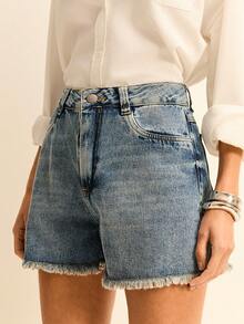 Daynim Women Denim Shorts - 中等水洗藍 - 查看 3