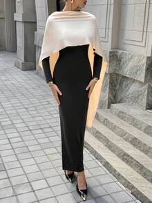 Siren Gaze Women's Dress Modest Fashion New Linen Long Dress For Women, Split Pleated Waist A-Line Dress, Elegant Long Dress, Sun Dresses For Women Holiday Wear, Imitation Linen Flowing Long Dress, Women's Elegant Commuter Colorblock Dress Black - Black - View 6