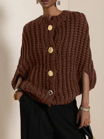 SHEIN Veneréa Damknäppt stickad kofta med fladdermusärm, höst/vinter