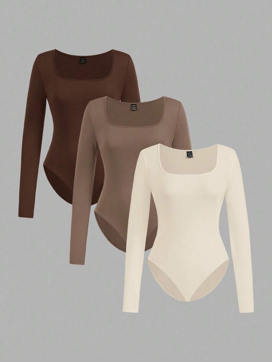 SHEIN EZwear 3件套女士休闲简约棕色卡其色米色方领长袖连体衣套装,秋冬季 - 彩色 - 查看 1