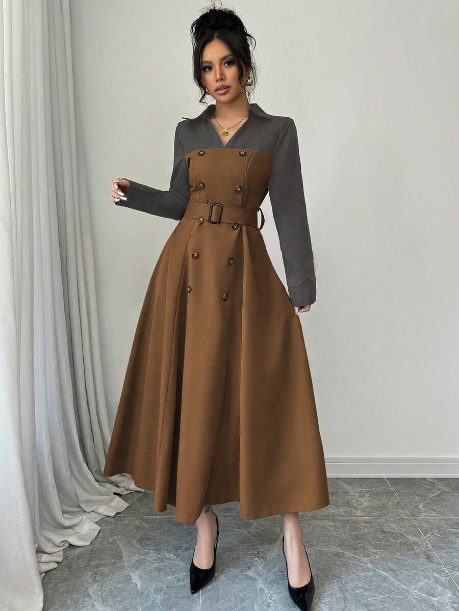 Modelyn 女士优雅撞色拼接二合一连衣裙,秋冬长款晚礼服 - 棕色 - 查看 1