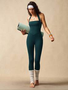 VARSIVA Solid Color Pleated Halter Backless Sleeveless Jumpsuit - Dark Green - View 5