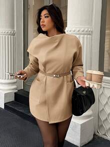 Easura Plus Size Women's Solid Color Long Sleeve Scarf Collar Pocket Design Woolen Coat, Autumn/Winter - Khaki - View 7