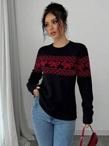 Elenzga 女士休闲圆领蝴蝶结套头毛衣，秋冬季 - 黑色 - 查看 5