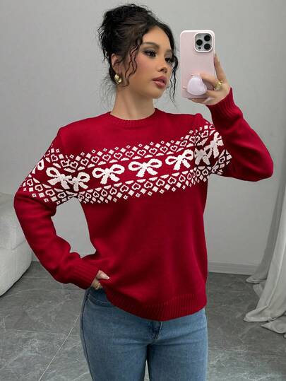 Elenzga Crew Neck Bow Decor Jacquard Casual Pullover Sweater, Christmas