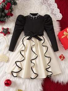 少女优雅可爱天鹅绒拼接串珠荷叶边长袖连衣裙 - 黑與白 - 查看 9