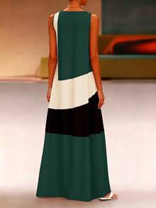 EMERY ROSE 撞色无袖夏季休闲圆领连衣裙长款女装 - 綠色 - 查看 2
