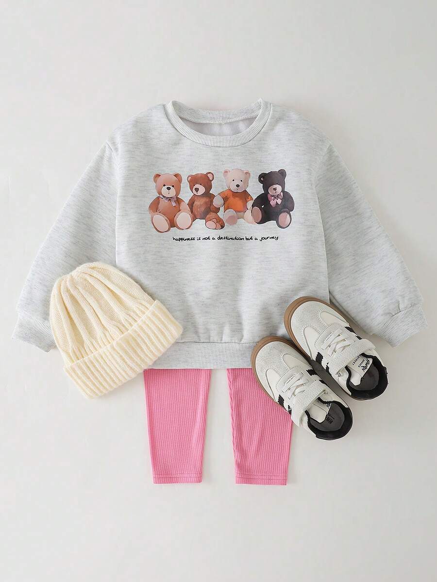 THE HAPPY LOOK 2pcs/Set Young Girl Letter Print Soft Knit Crew Neck Long Sleeve Sweatshirt And Elastic Waist Pants - Pink - View 1