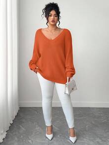 SHEIN Tall CURVE Plus Size Casual V-Neck Raglan Long Sleeve Pullover Sweater - Orange - View 3