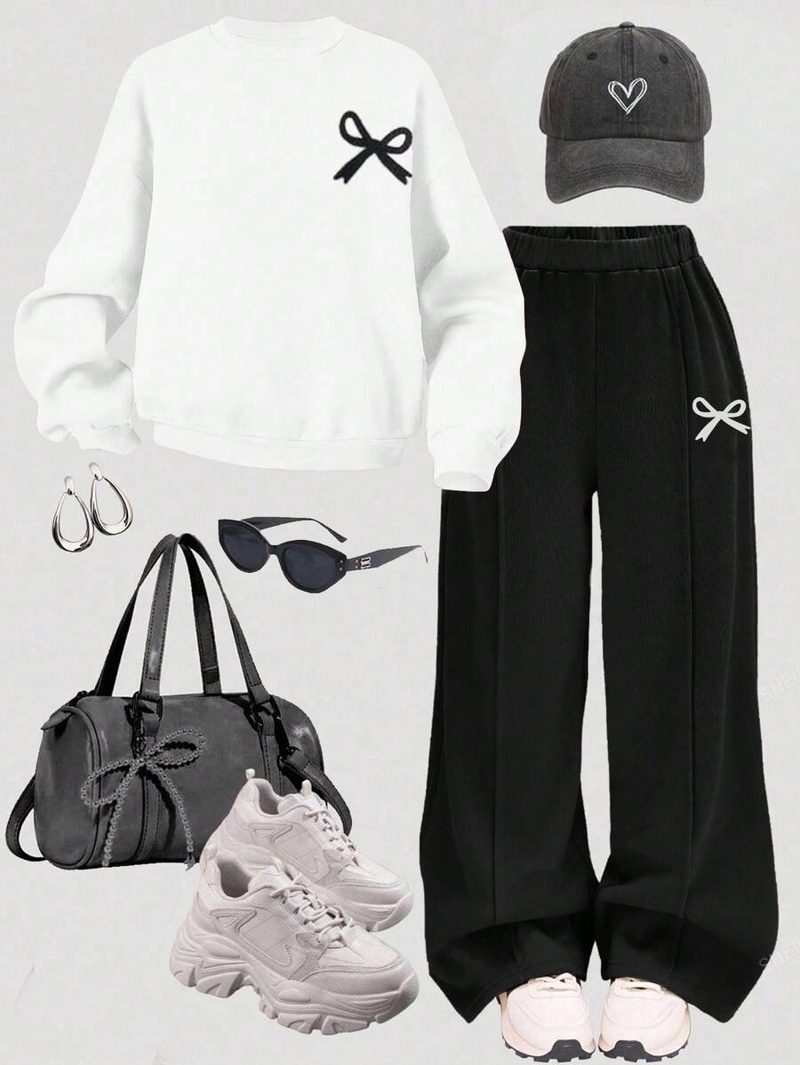 SHEIN Tween Girl Loose Casual Minimalist Comfortable Round Neck Pullover Sweatshirt & Pants Set With Bow Design - Red - View 1
