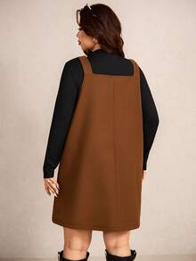 Elaquor Plus Size Brown V-Neck Sleeveless Dress And Blue Stand Collar Long Sleeve Top 2-Piece Set - Multicolor - View 2