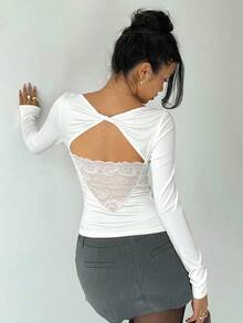Aloruh Women's Backless Contrast Lace Long Sleeve Fitted Fashion T-Shirt - White - View 4