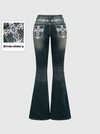 Grunge Punk Y2K Vintage Crop Flare Jeans für Frauen mit Kreuz- und Flügel-Stickerei Taschen