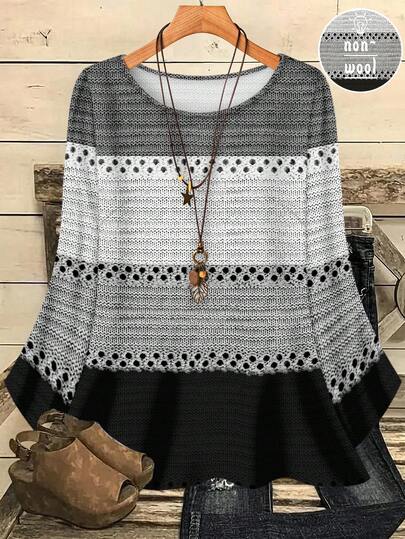 EMERY ROSE 大码女式休闲全身印花圆领宽松七分袖衬衫，秋冬