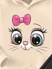 SHEIN Playful Pals 舒适秋冬两件套女童休闲时尚创意个性清新简约可爱猫咪爱心蝴蝶结图案印花连帽卫衣和运动裤套装，舒适猫咪图案女童套装，小女孩卫衣套装，可爱连帽卫衣套装，女童卡哇伊童装 - 彩色 - 查看 4