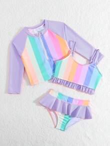 SHEIN 少女彩色条纹泳衣套装 - 紫色 - 查看 4