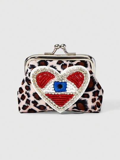 Grunge Punk 1pc Gothic Style Blue Eye & Red Heart Beaded Pu Leather Short Wallet For Women
