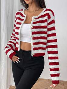 SHEIN PETITE Fashionable Casual Versatile Striped Textured Women Cardigan Sweater - Red and White - View 3