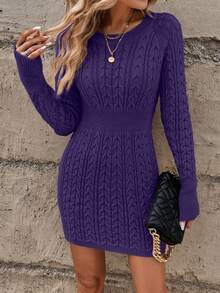 EMERY ROSE Women's Casual Knitted Dress With Cable Pattern, Round Neck, Long Sleeve, Suitable For Autumn/Winter - Purple - View 6