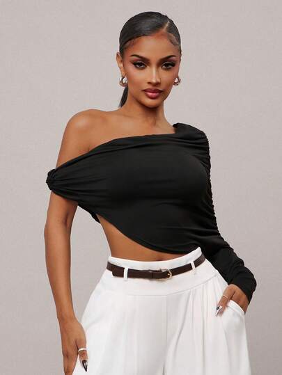 Radiana Women's Sexy Casual Elegant Asymmetric Cold-Shoulder Top, One Shoulder Off-Shoulder Top, Casual Daily Wear