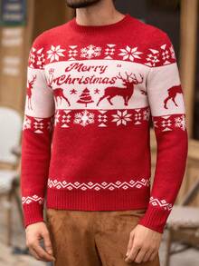 Manfinity VCAY Herren Weihnachts-Element-Muster Strickpullover, Slim Fit Rundhals Langarm Pullover, Herbst/Winter Roter Pullover Herren Weihnachts Strickpullover Herren Weihnachtspullover Männer Grafik Pullover für Herren - Rot - Übersicht 6
