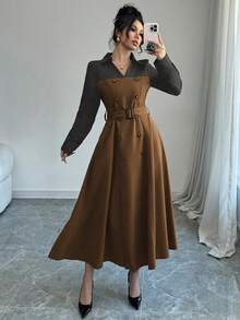 Modelyn 女士优雅撞色拼接二合一连衣裙，秋冬长款晚礼服 - 棕色 - 查看 5