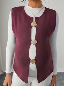 Momance 女士修身镂空金属贝壳装饰休闲圆领套头毛衣背心，适合孕妇穿着