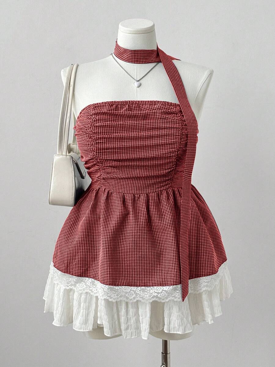 Sunspun Lace Hem Cropped Top With Plaid Strap Detail - Red - View 1