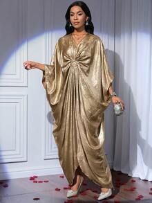SHEIN Lady Women's Solid Color Metallic V-Neck Batwing Sleeve Pleated Dress - Gold - View 7