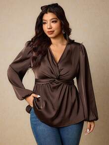 Elaquor Plus Size Solid Color Twist Knot V-Neck Elegant Office Wear Long Sleeve Shirt Spring