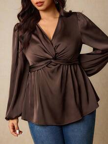 Elaquor Plus Size Solid Color Twist Knot V-Neck Elegant Office Wear Long Sleeve Shirt Spring