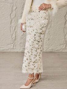 Modelyn Women's Solid Color Sequin Fluffy Skirt, Fashionable For Party Occasions - Apricot - View 1