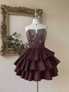 Lovelzi 优雅、浪漫、性感的黑色缎面面料，深 V 领，收腰，紧身胸衣，大量水钻装饰，有骨紧身胸衣，后背系带，A 字裙，褶皱设计，适合毕业典礼、学校开学、音乐节、生日派对、婚礼、舞会礼服 - 紫紅色 - 查看 1