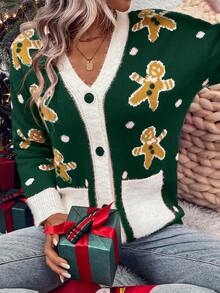 LanaWest Women's Colorblock V-Neck Drop Shoulder Gingerbread Man Jacquard Knit Cardigan - Green - View 3