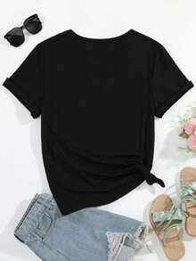 SHEIN EZwear 女士休闲圆领图案 T 恤运动衫，带有几何阿拉伯语口号印花，适合夏季 - 黑色 - 查看 2