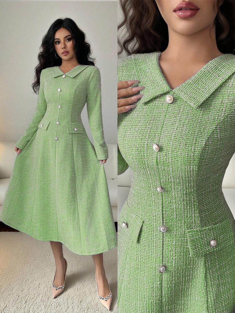 Elenzga 女士蓝绿色纹理面料翻领收腰A字中长连衣裙，饰有金属仿珍珠纽扣，优雅别致的设计，适合教师装、约会、生日、派对、独立日、感恩节、圣诞节、新年等场合，长袖。 - 綠色 - 查看 1