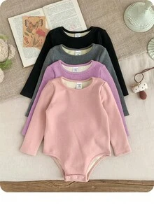 SHEIN 4件套女婴纯色针织长袖连体衣，休闲简约风格，适合室内、户外滑雪、日常穿着、运动、玩耍、派对、摄影、圣诞节以及秋冬季其他场合。 - 彩色 - 查看 2