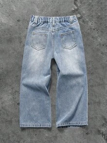 SHEIN 男童时尚酷炫黑色十字纹宽松蓝色牛仔阔腿裤，休闲百搭，适合秋冬日常穿着和街头潮流，也适合万圣节、圣诞节、新年、感恩节等节日穿着。 - 中等水洗藍 - 查看 2