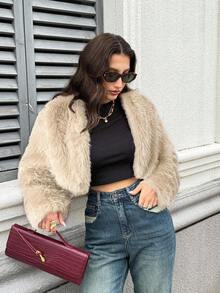 Firerie 女士时尚优雅简约酒红色仿皮草短外套，秋冬新款 - 卡其色 - 查看 7