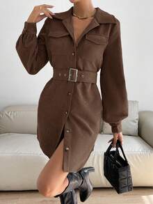 Siren Gaze 女士纯色前扣灯芯绒休闲长袖连衣裙 - 咖啡棕 - 查看 4